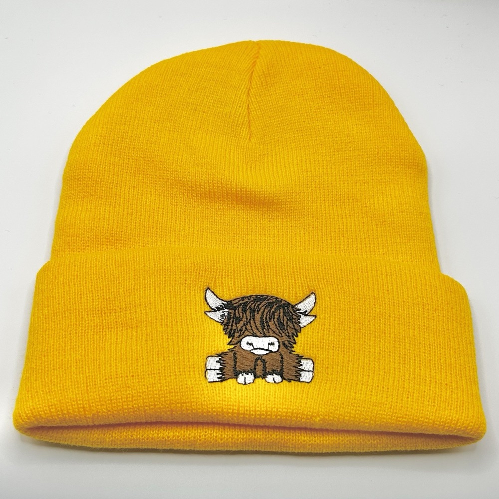 Highland Cow Cattle Cartoon Animal Beanie Hat Cap Knit Cuff Yellow Outdoors
